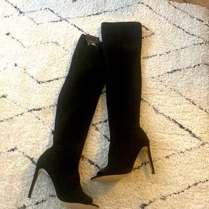 Zara thigh high, open toe, perforated black boot